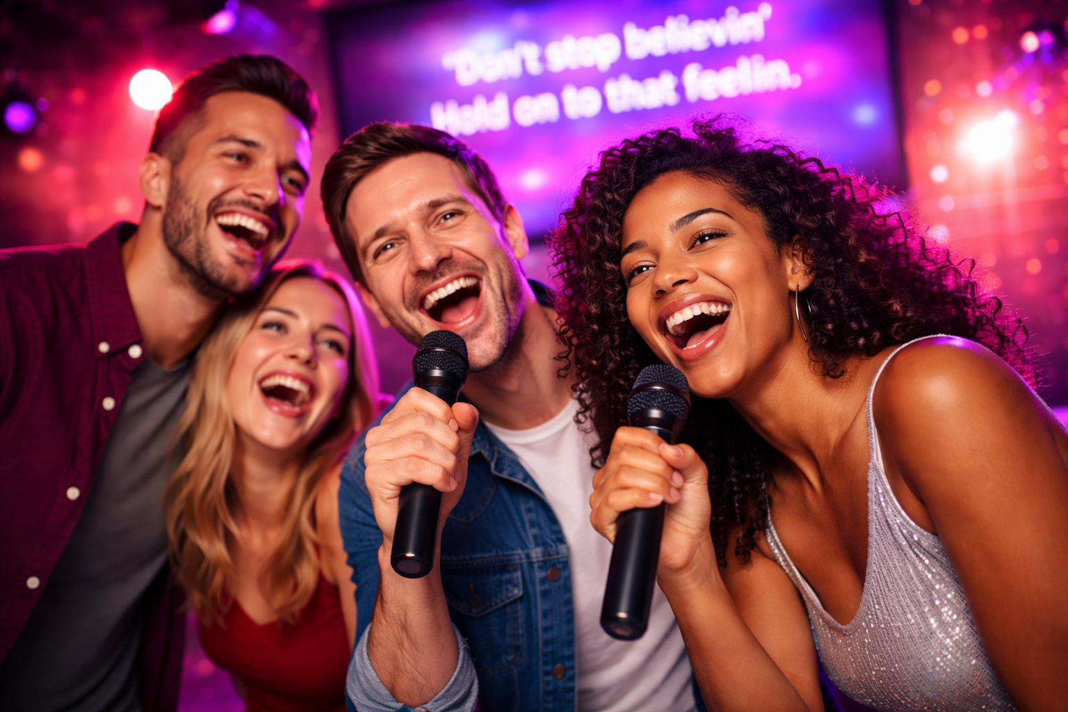 Friends singing karaoke together